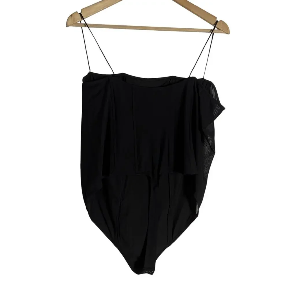 Good American Mesh Mix Corset Thong Straight Neck Black Bodysuit Plus Size 4XL